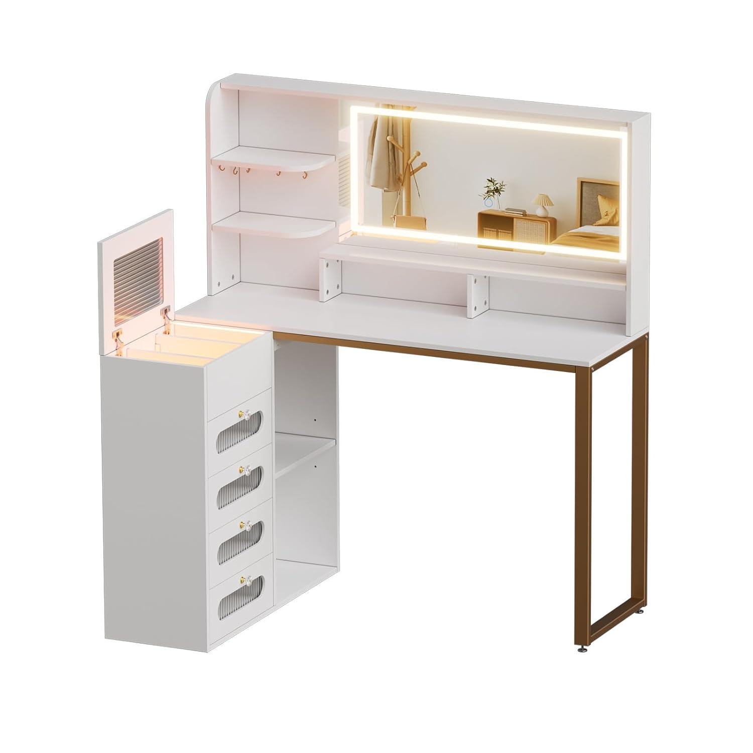 PAKASEPT Vanity Set with Lighted Mirror, Vanity Desk Makeup Vanity with 3-Color Adjustable Touch Light, 5 Drawers, Storage Shelves,Large Bedroom Vanitys for Women Girls