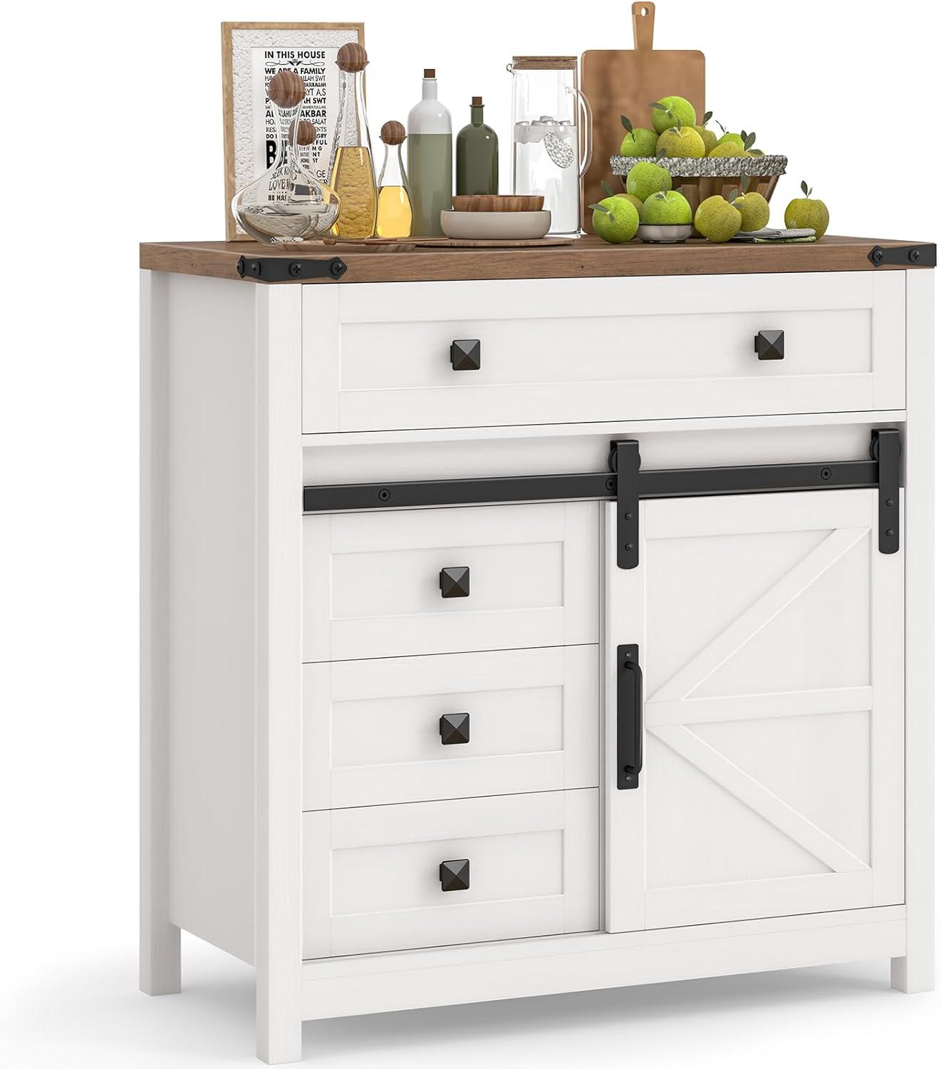 Farmhouse Storage Cabinet, Bathroom Cabinet with Sliding Barn Doors, Floor Storage Cabinet with Adjustable Shelves and 4 Drawers for Kitchen, Living Room, Dining Room, Modern White