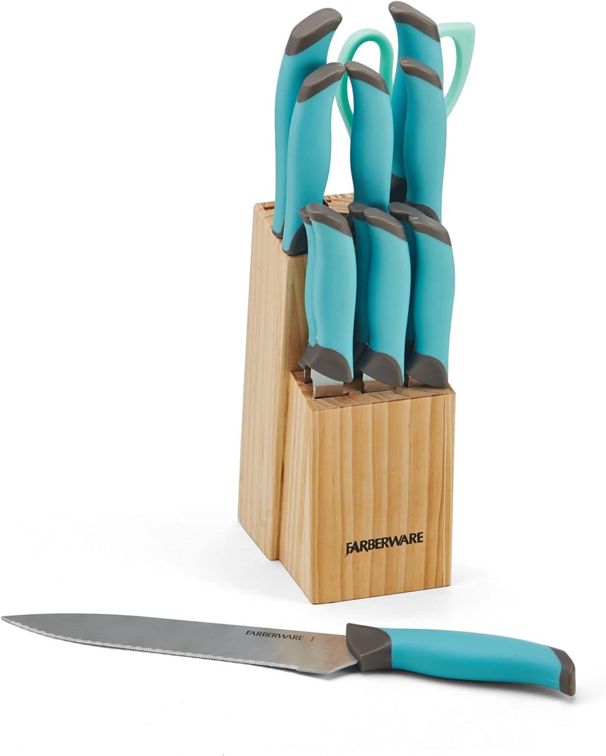 Aqua and Gray 14-Piece Soft Grip Knife Block Set