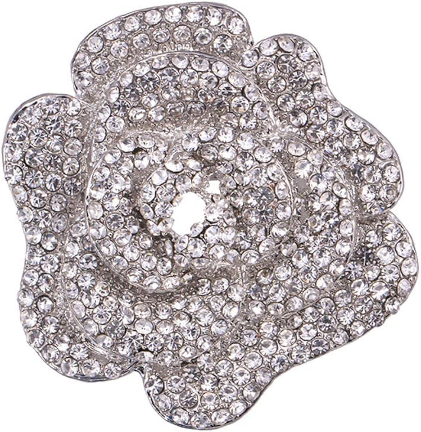 Rhinestone Rose Brooch Pin for Women Girls Fashion Crystal Big Blossom Flower Brooch Lapel Pins Elegant Dress Accessories Jewelry Boutonniere Corsage for Hat Bag Suit Tie Gift Wedding Holiday