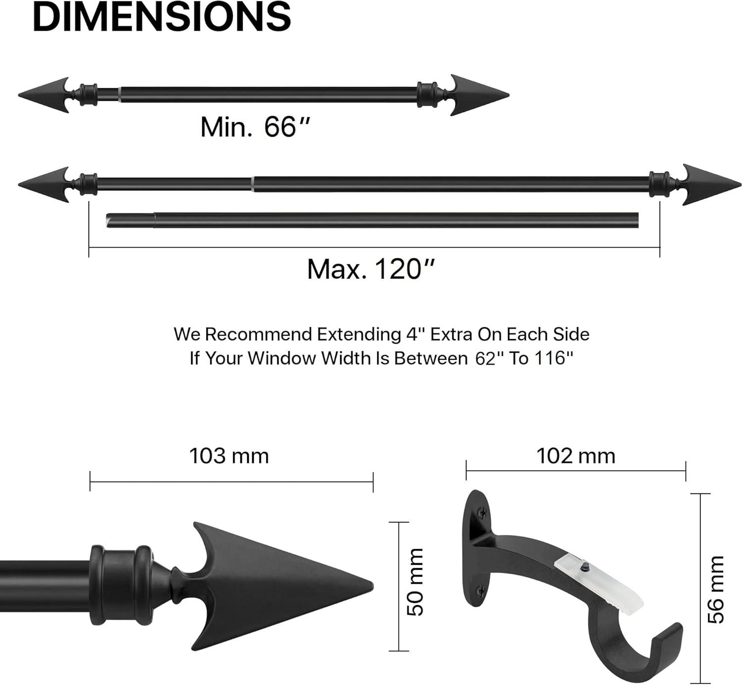 Deco Essential 66 to 120 inches Extendable Curtain Rod for Windows with Flat Arrow Finials (3/4" Diameter, Black)