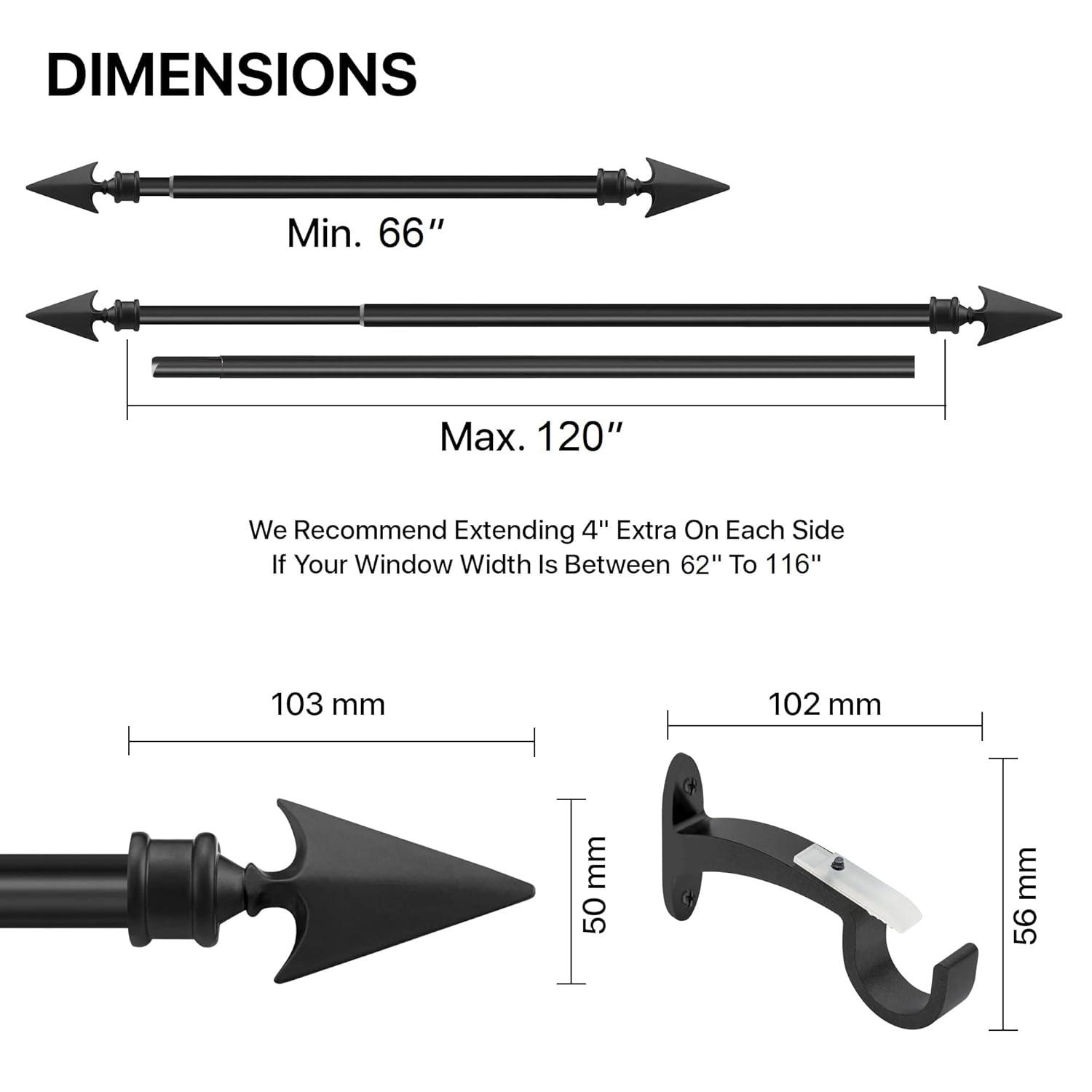 Deco Essential 66 to 120 inches Extendable Curtain Rod for Windows with Flat Arrow Finials (3/4" Diameter, Black)