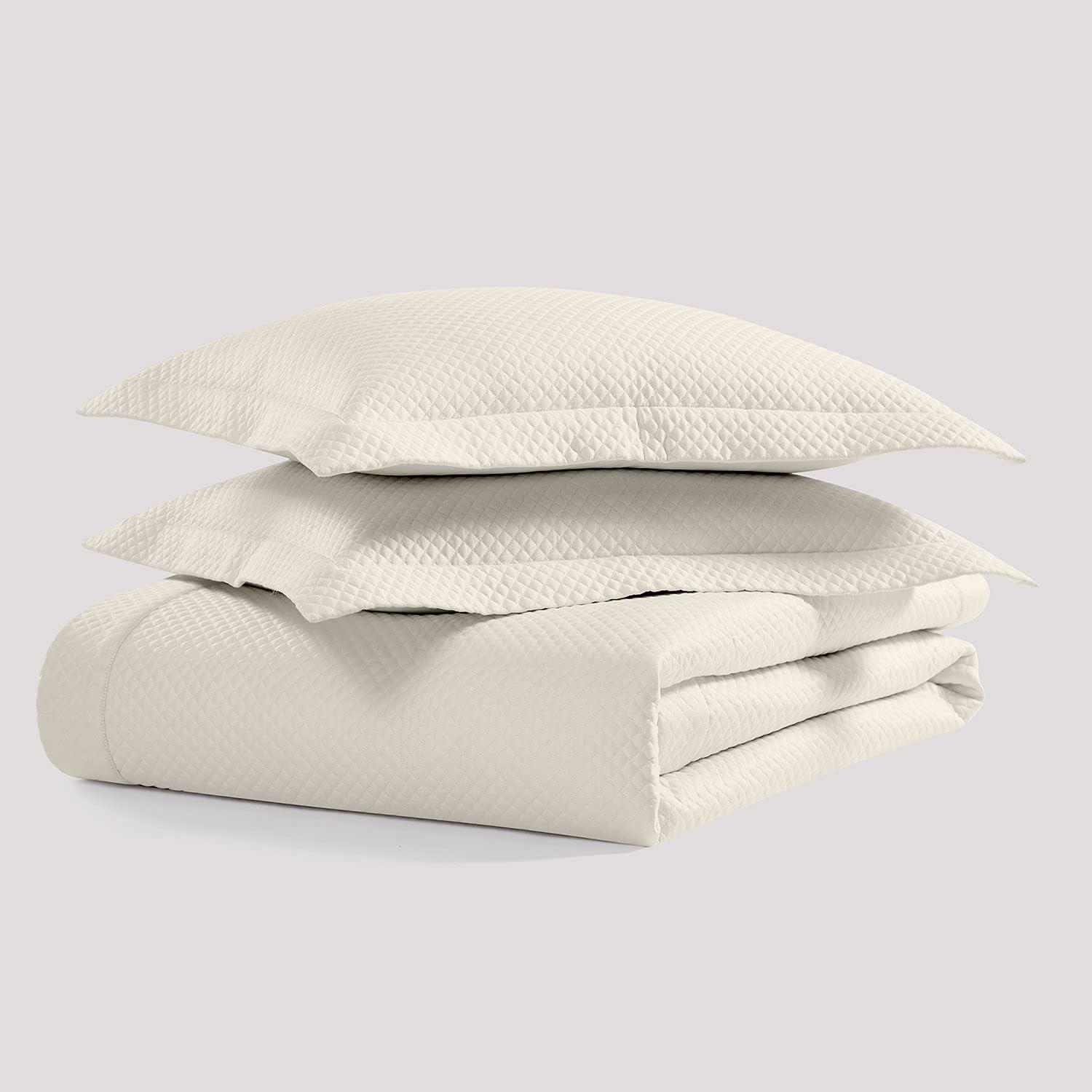 Ivory Queen Diamond Quilted Egyptian Cotton Coverlet Set