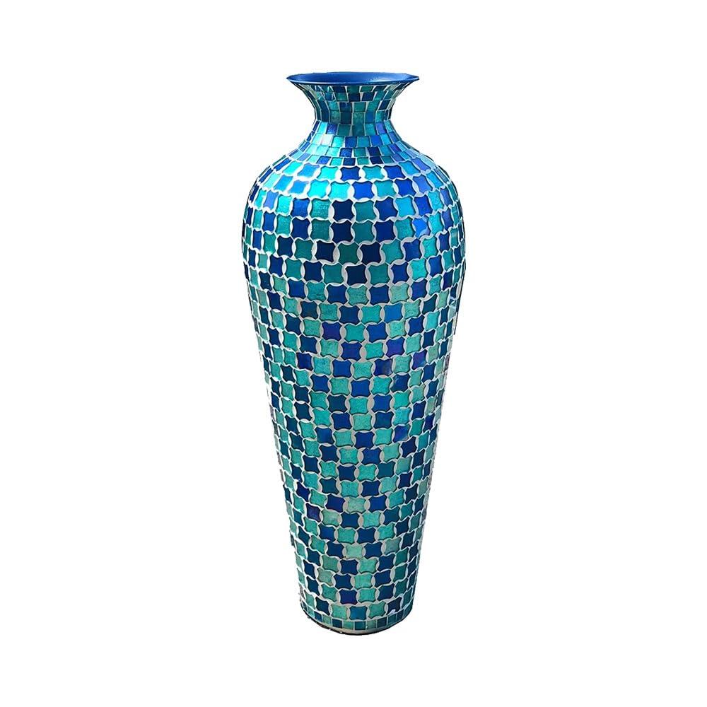 Mosaic 20 Inch Decorative Tall Floor Vase, for Home Decor Geometric Pattern Metal Vase with Glass Mosaic- Blue and Turquoise Tessellation Pattern