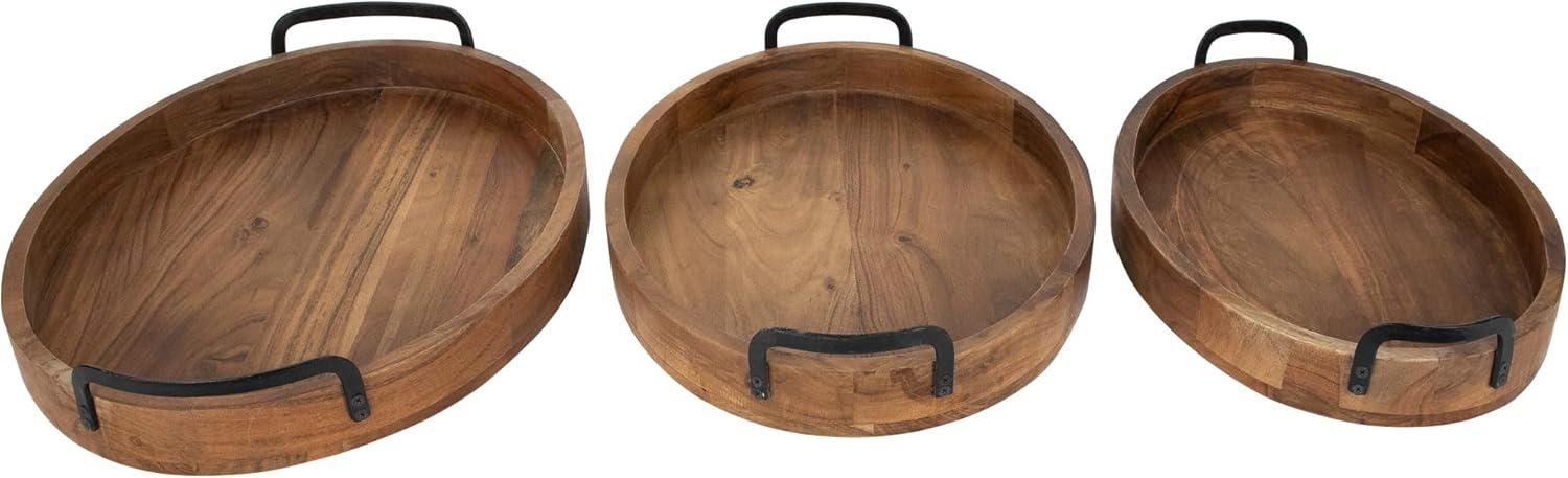 Set of 3 Acacia Wood Trays with Metal Handles