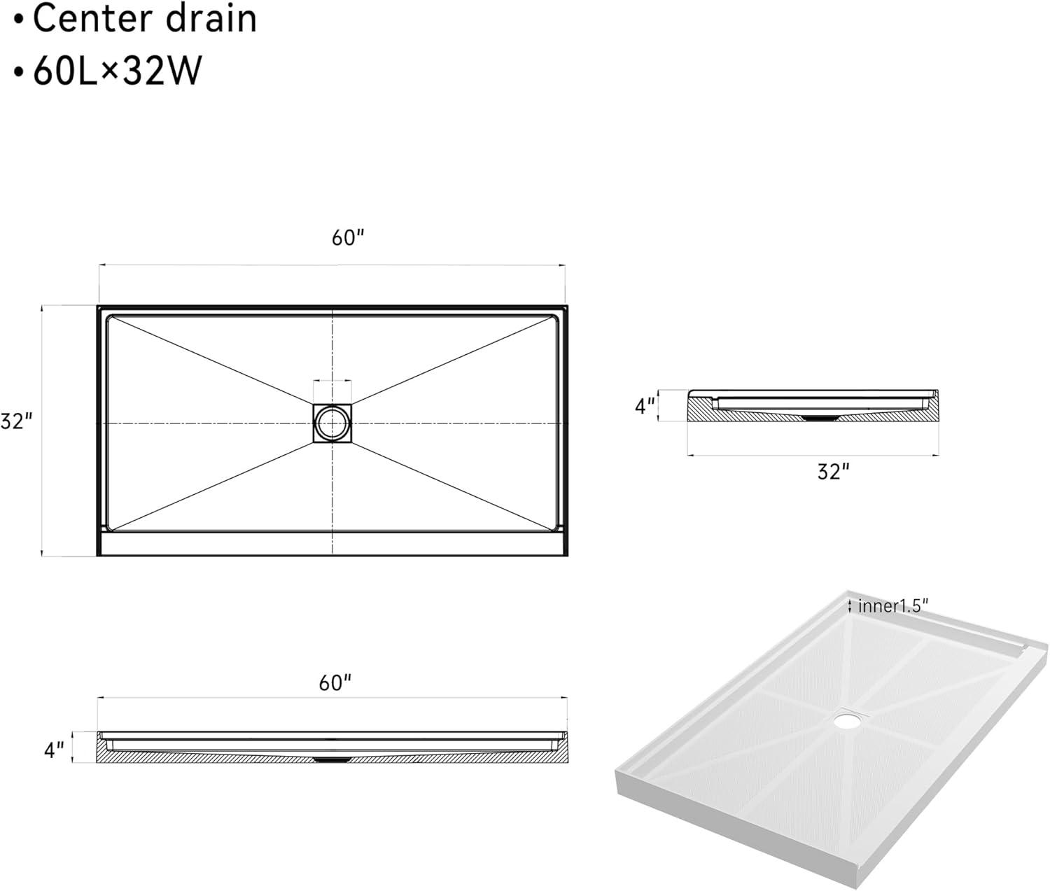 60" x 32" White SMC Rectangular Shower Pan with Center Drain