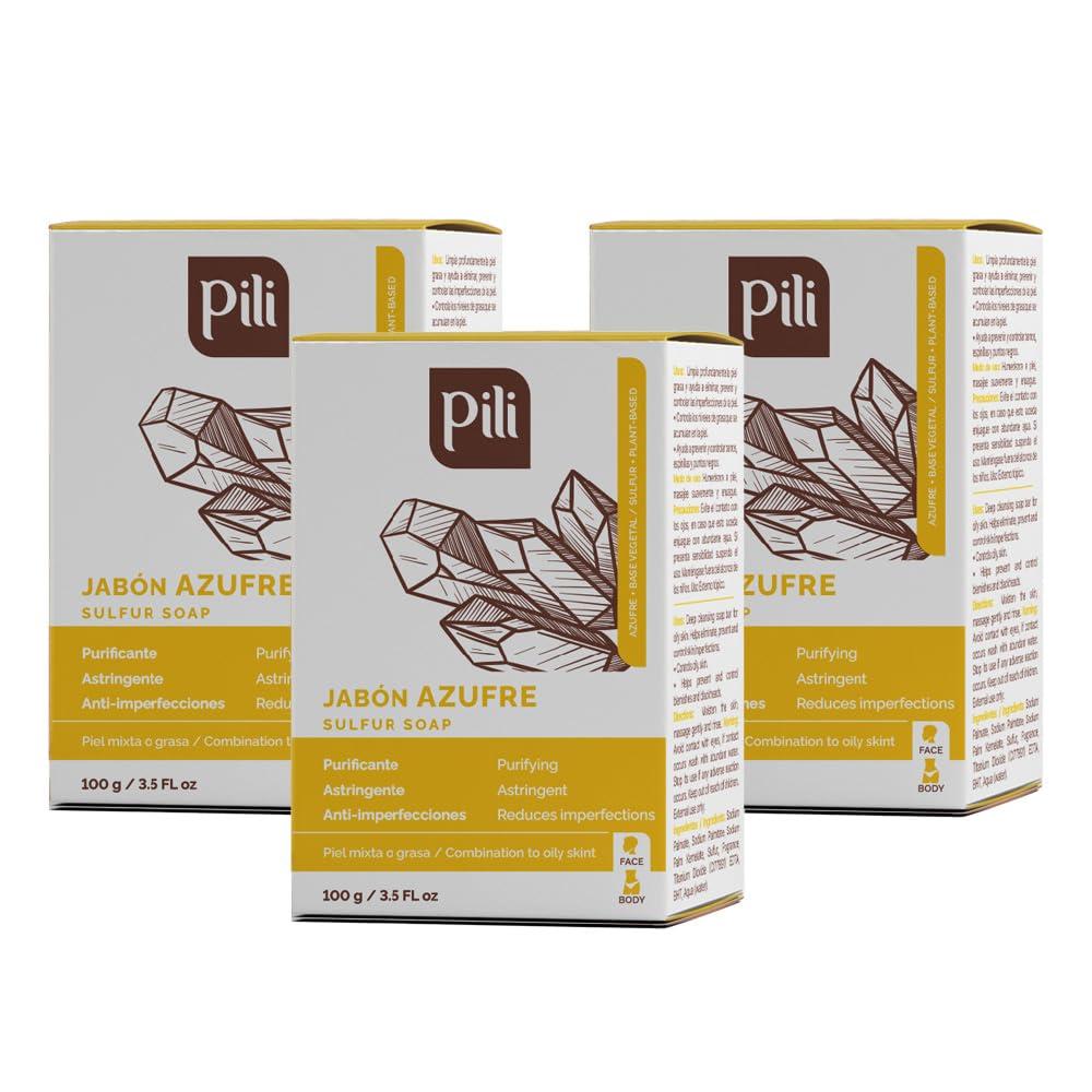 Pili Natural Sulfur Soap Bars (3 Pack) Jabón de azufre - Deep Cleansing and Oil-Control Formula for All Skin Types - Maintain Healthy Skin - 3-Pack
