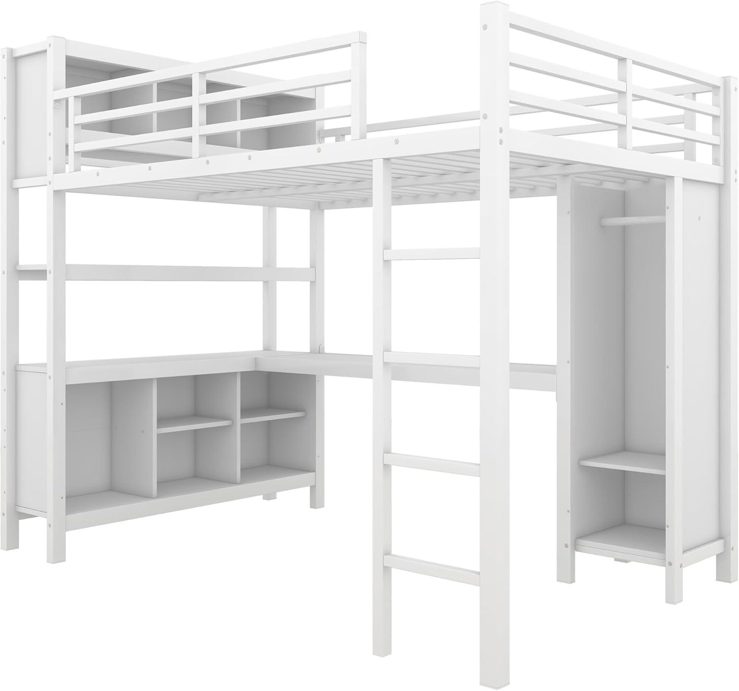 Full Size Metal Loft Bed with Wardrobe and L-Shaped Desk, Heavy-Duty Loft Bed with Storage Cubes and Shelves, White - ModernLuxe