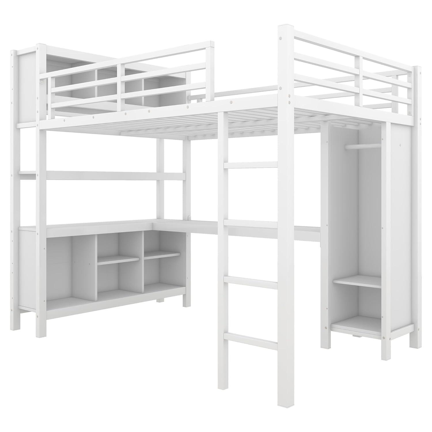 Full Size Metal Loft Bed with Wardrobe and L-Shaped Desk, Heavy-Duty Loft Bed with Storage Cubes and Shelves, White - ModernLuxe