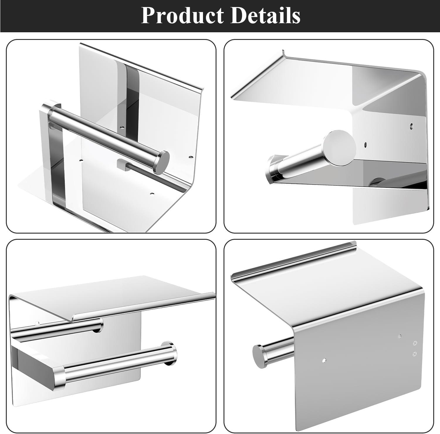 Tindbea Mega Size Toilet Paper Holder with Shelf + Towel Robe Hooks, Adhesive or Screw Wall Mounted Toilet Paper Roll Holder, Stainless Steel Bathroom Hardware Set (Polished Chrome)