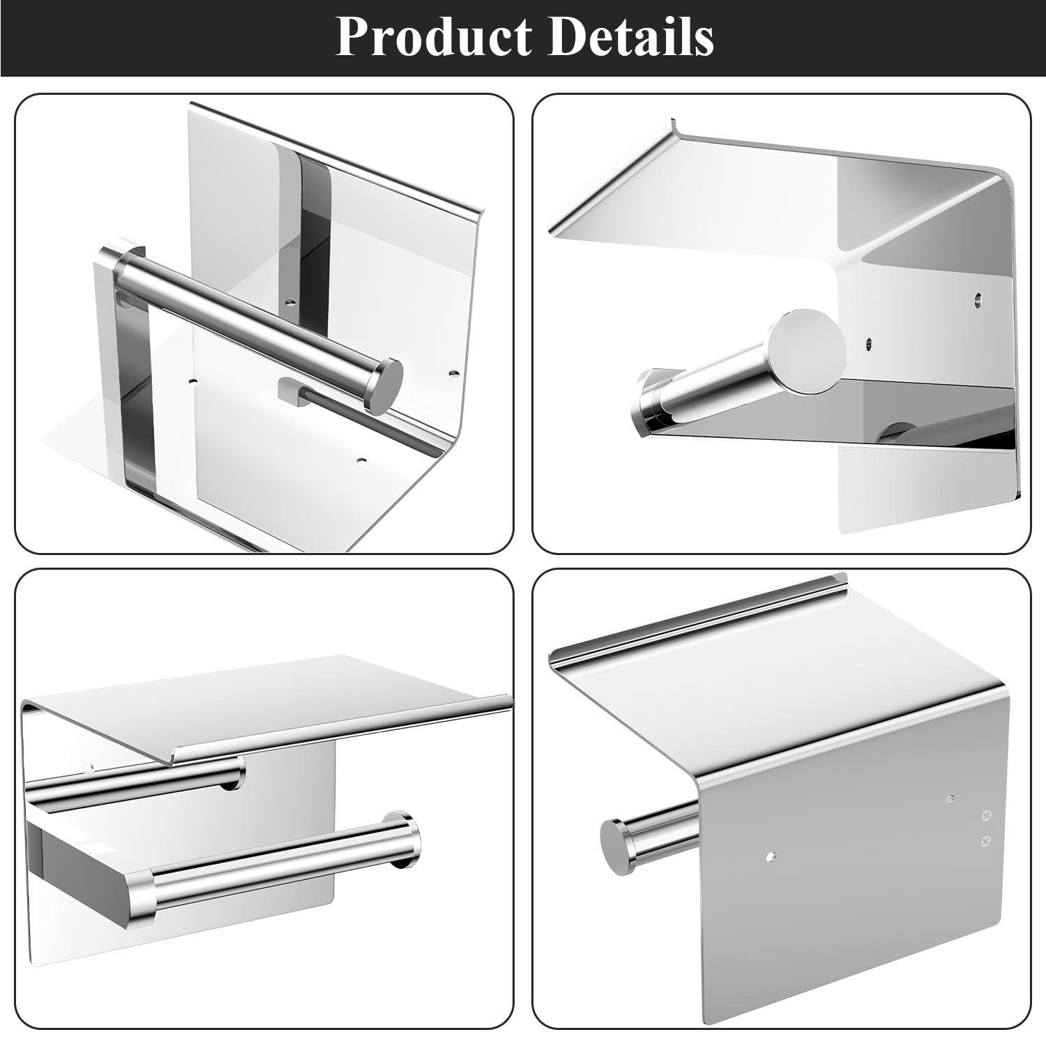 Tindbea Mega Size Toilet Paper Holder with Shelf + Towel Robe Hooks, Adhesive or Screw Wall Mounted Toilet Paper Roll Holder, Stainless Steel Bathroom Hardware Set (Polished Chrome)