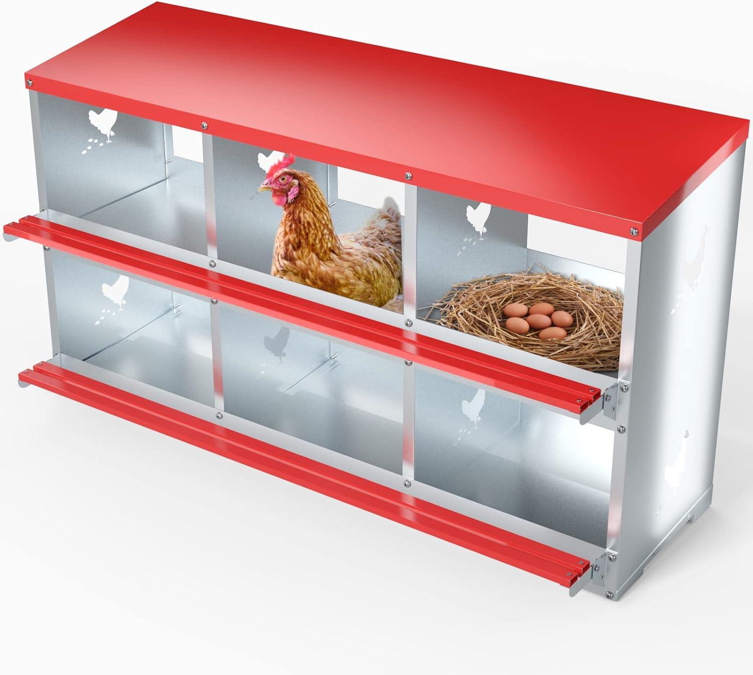 Red and Silver Galvanized Steel 6-Compartment Chicken Nesting Box