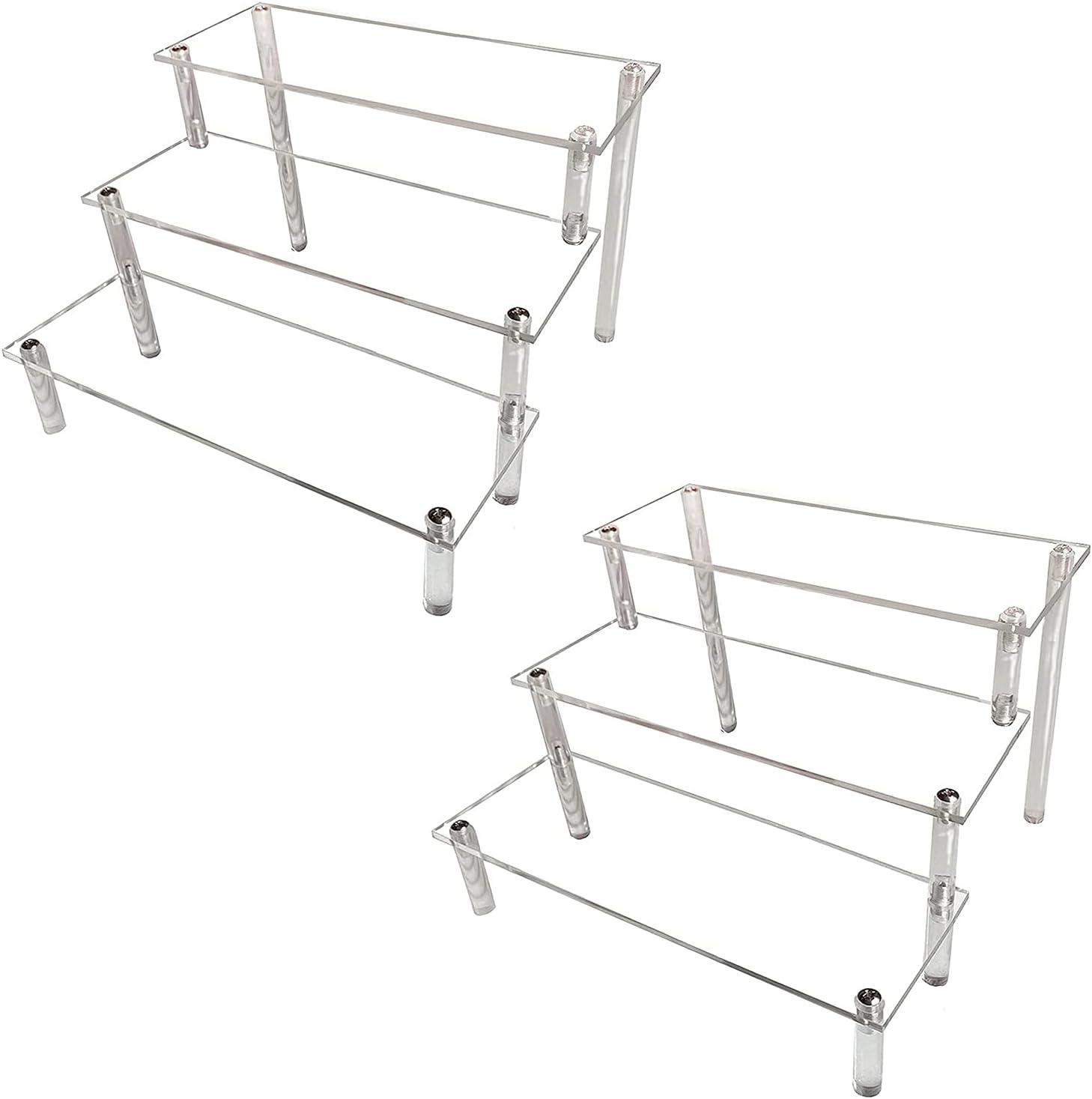 AZEAM 2 Packs Acrylic Display Risers,Clear Display Risers Stand Small Mini Shelf 3 Tiered Cupcake Stand for Food Desserts Stand Perfume Organizer Toys Collections Cosmetic Products Tabletop Use