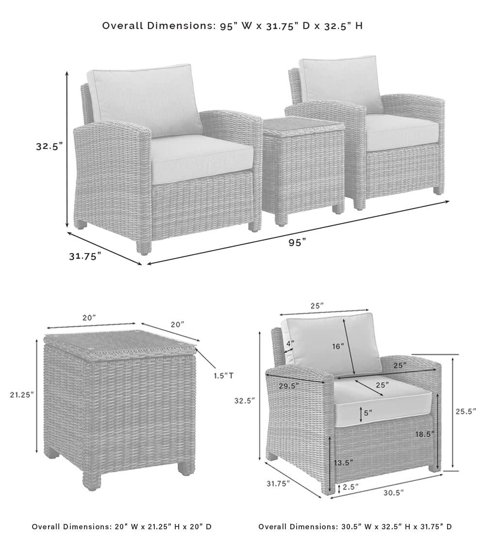 Bradenton 3pc Outdoor Wicker Arm Chairs with Side Table: Steel Frame, UV-Resistant - Crosley