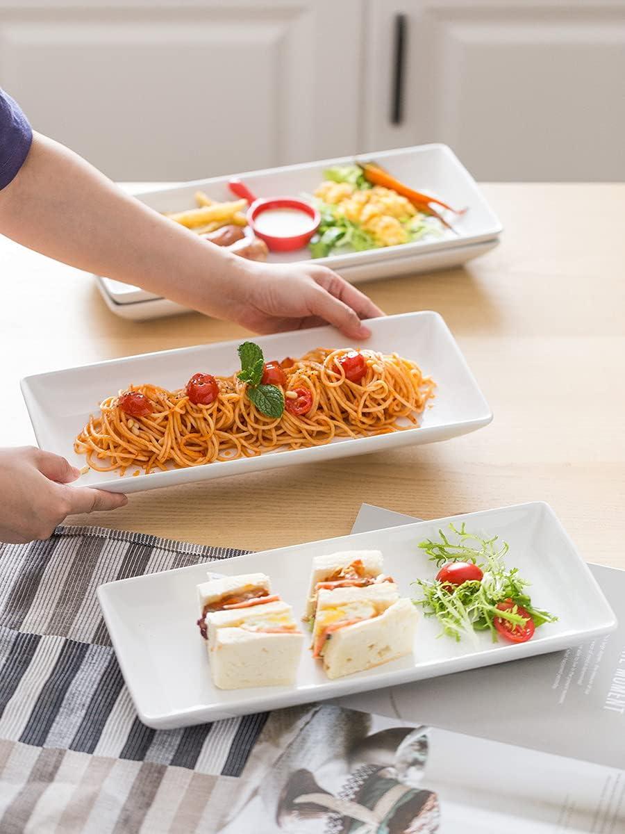 LAUCHUH Serving Platters and Tray White Serving Dishes for Entertaining 14-inch Large Rectangle Plates for Christmas, Porcelain Serving Trays for Steak, Taco, Sushi, Appetizer, Party, Set of 4