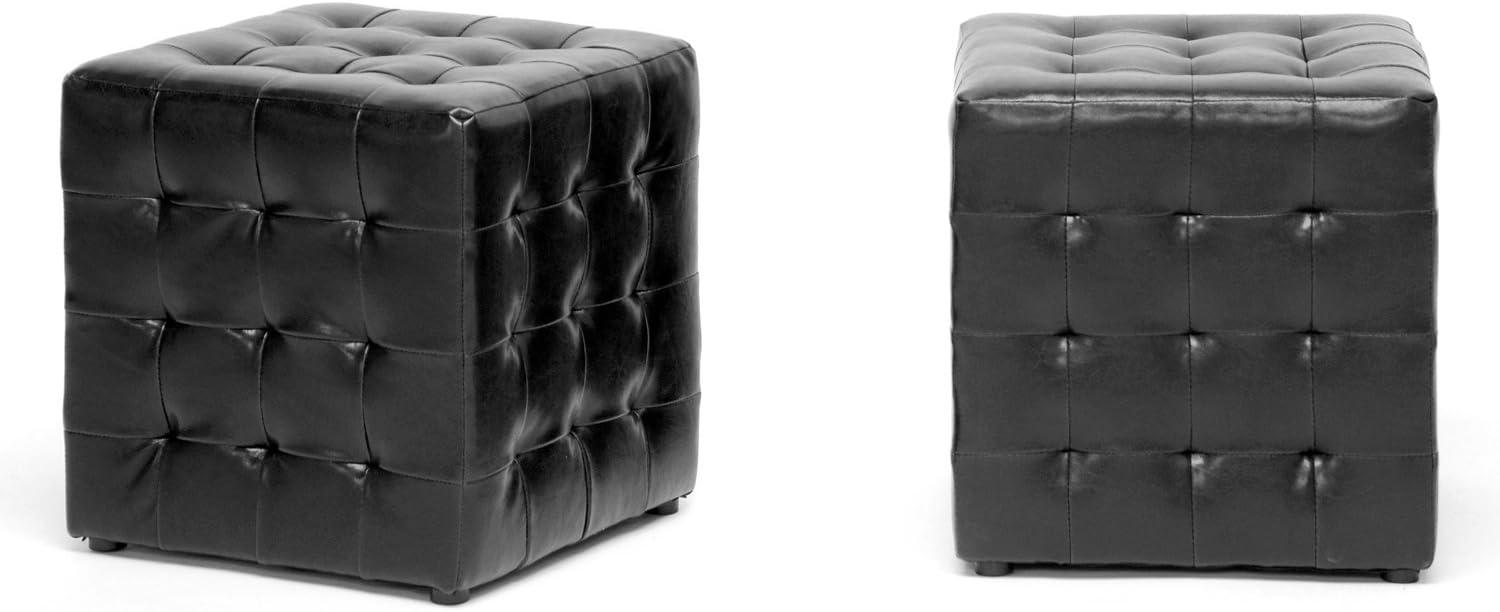 Stitchcraft 15'' Black Faux Leather Tufted Cube Ottoman Set