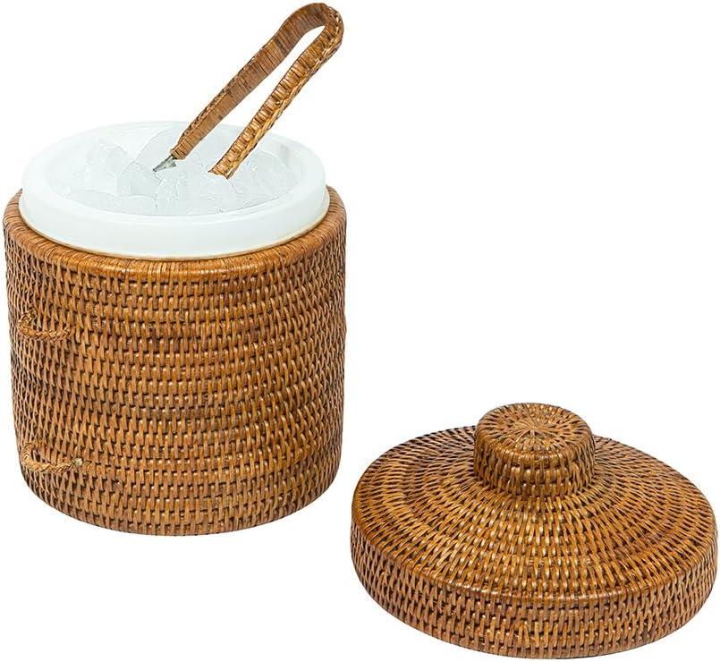 Honey Brown Handwoven Rattan Ice Bucket with Tongs