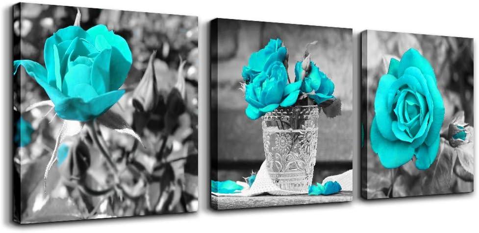 Canvas Wall Art For Bedroom Wall Decor For Living Room Black And White Wall Paintings Blue Rose Flowers Pictures Watercolor Giclee Canvas Prints Ready To Hang Room For Girls Home Decoration 3 Piece