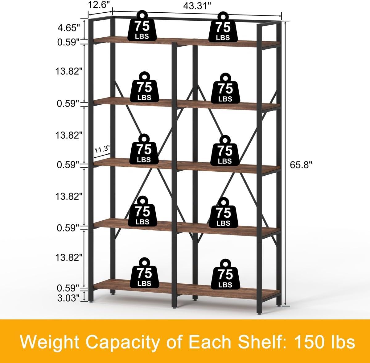 Rustic Oak and Black Metal 5-Tier Industrial Bookshelf