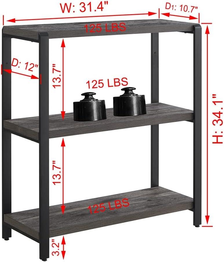 EXCEFUR Bookshelf and Bookcase, 3 Tier Vintage Shelf for Office, Rustic Wood and Metal Book Shelves, Grey