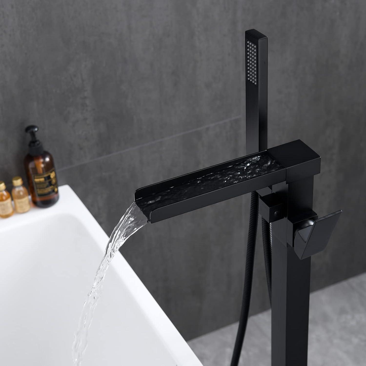 Freestanding Bathtub Faucet Matte Black Waterfall Bathtub Faucet Floor Mount Tub Filler Single Handle Bathtub Shower Faucets with Hand Shower Swivel Spout Brass Mixer Tap by BWE