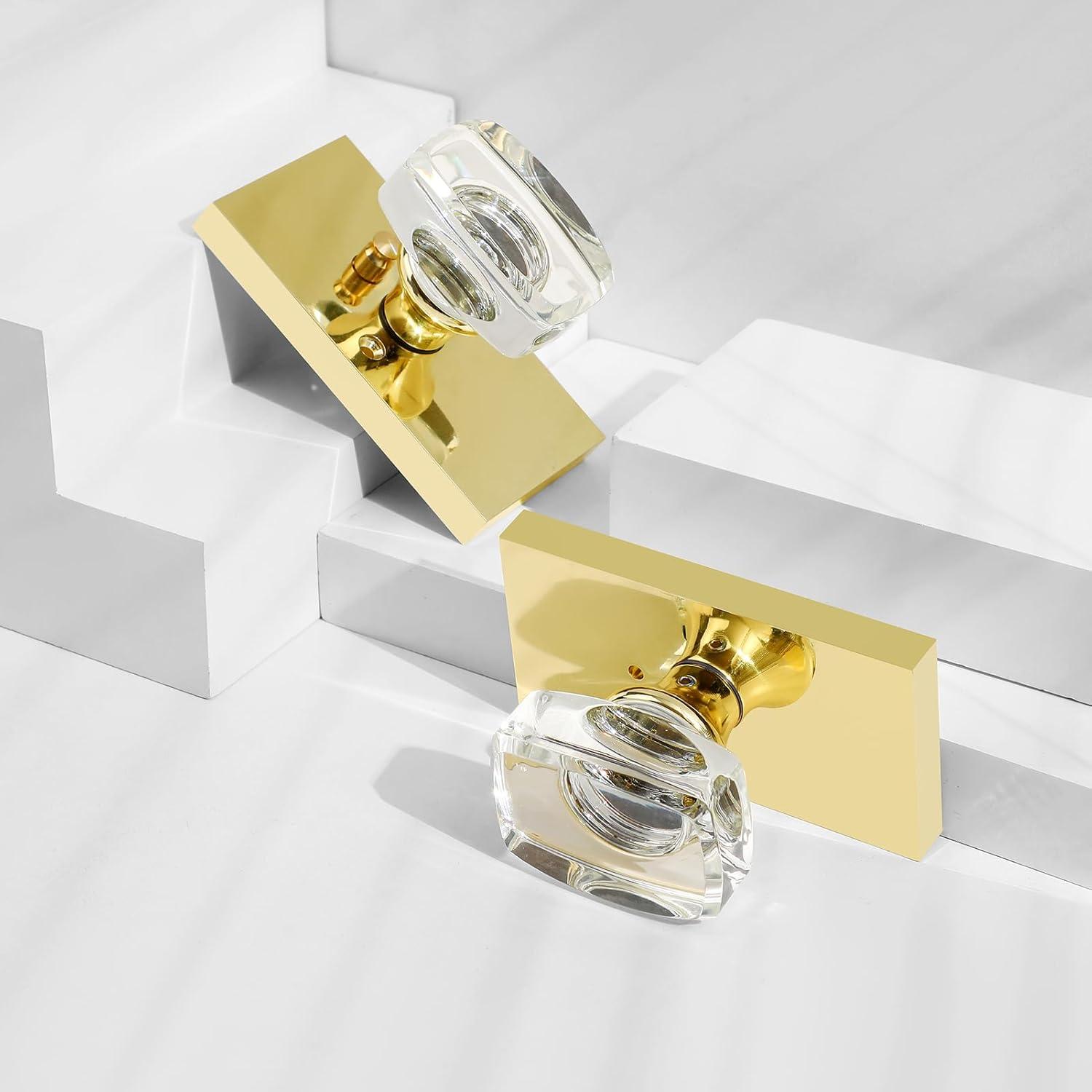 Clear Glass Crystal Door Knobs Interior,Octagon Gold Door Knob,Bathroom Bedroom Privacy Door Knobs with Lock,Satin Brass