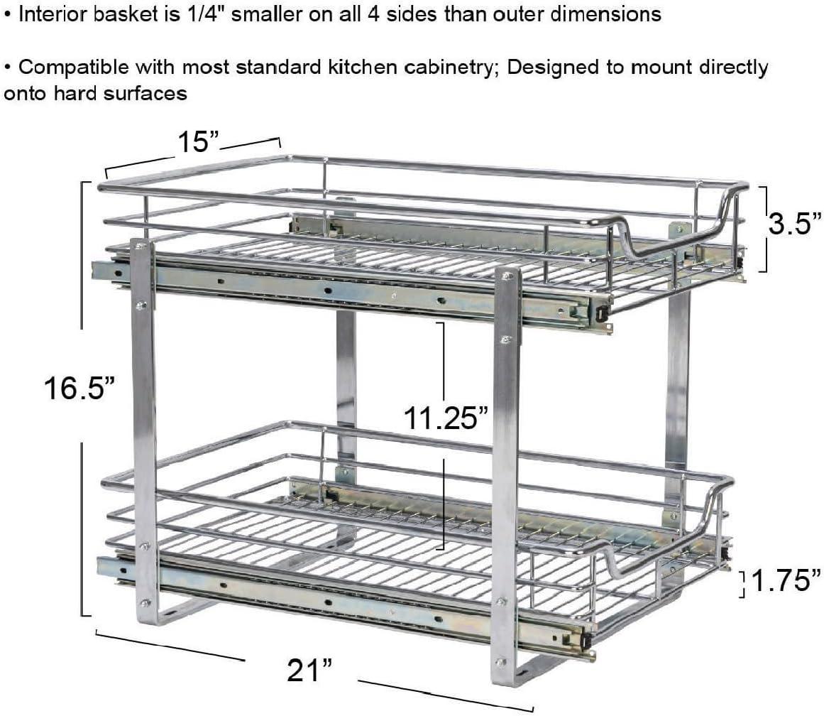Glidez Multipurpose Chrome-Plated Steel Pull-Out/Slide-Out Basket Storage Organizer for Under Cabinet Use - 2-Tier Design - Chrome