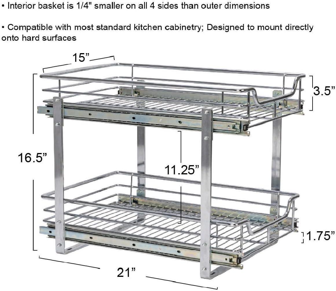 Household Essentials Glidez Multipurpose Chrome-Plated Steel Pull-Out/Slide-Out Basket Storage Organizer for Under Cabinet Use - 2-Tier Design - Fits Standard Size Cabinet or Shelf, Chrome