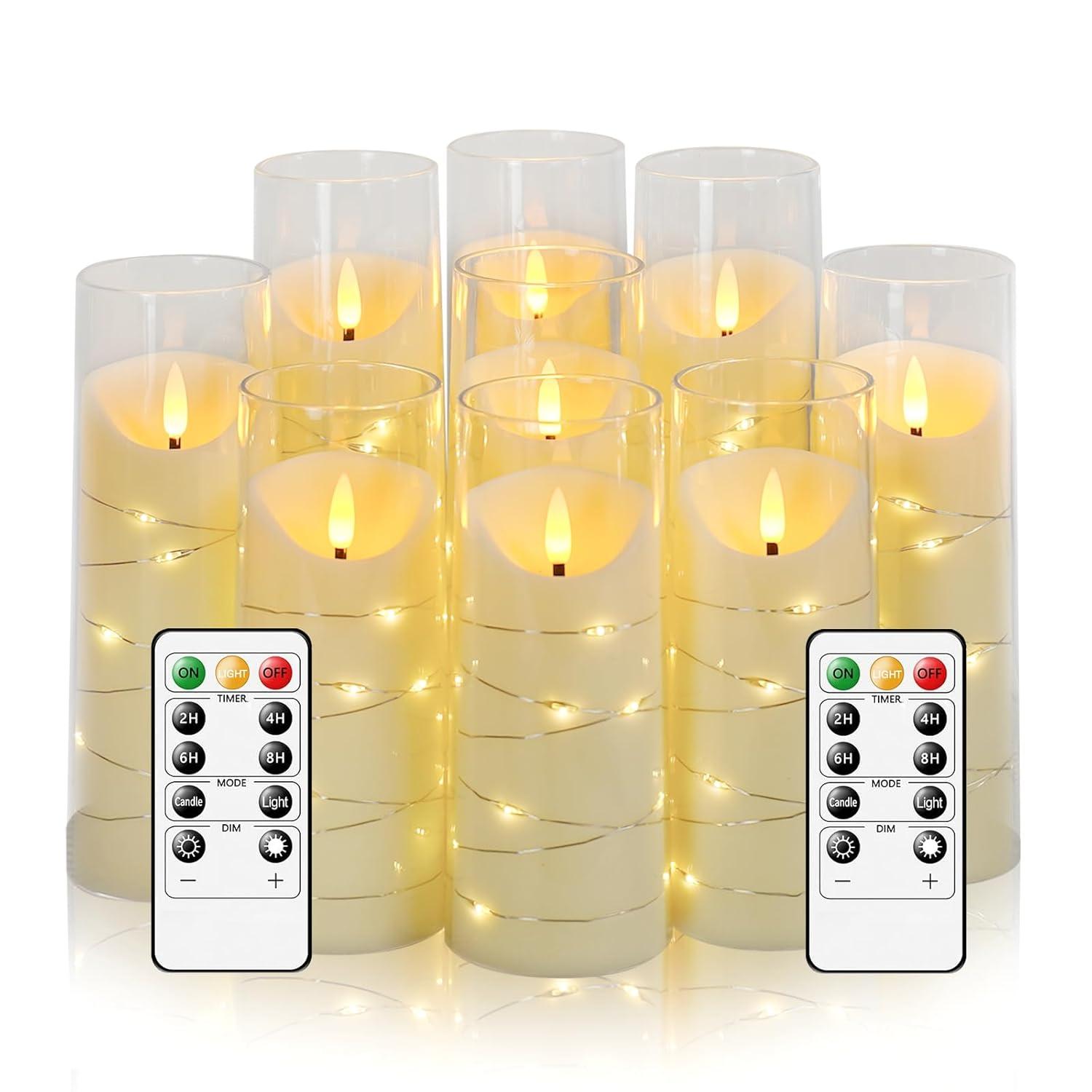 Flameless Candles with Embedded Star String, Battery Operated LED Pillar Candles with Timer and Remote Control,Home Decorating for Ambiance， Set of 9 (Ivory)