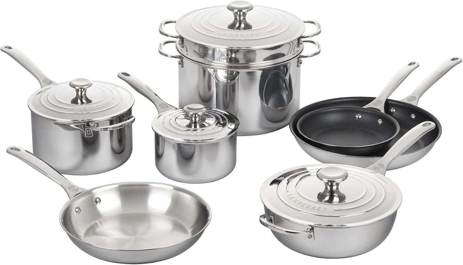 Le Creuset 12-Piece Stainless Steel Cookware Set with Non-Stick Pans