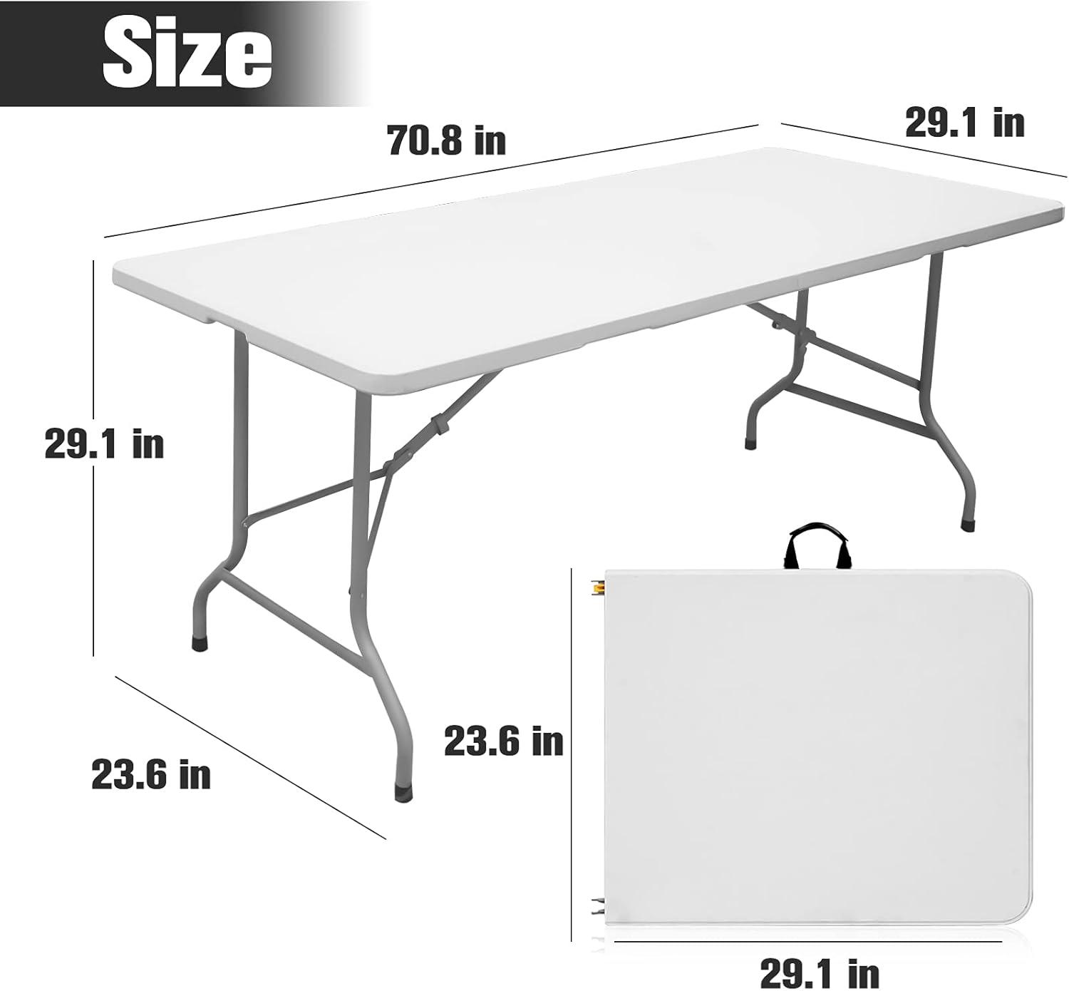 Folding Table 6ft Portable Heavy Duty Plastic Fold-in-Half Utility Foldable Table Plastic Dining Table Indoor Outdoor for Camping, Picnic and Party, White