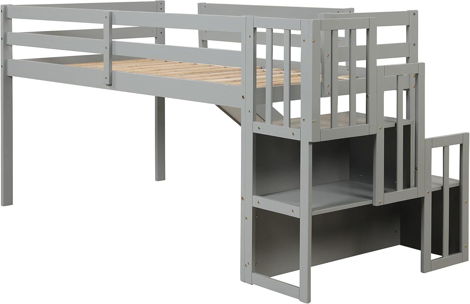 Gray Twin Pine Loft Bed with Slide and Storage Staircase