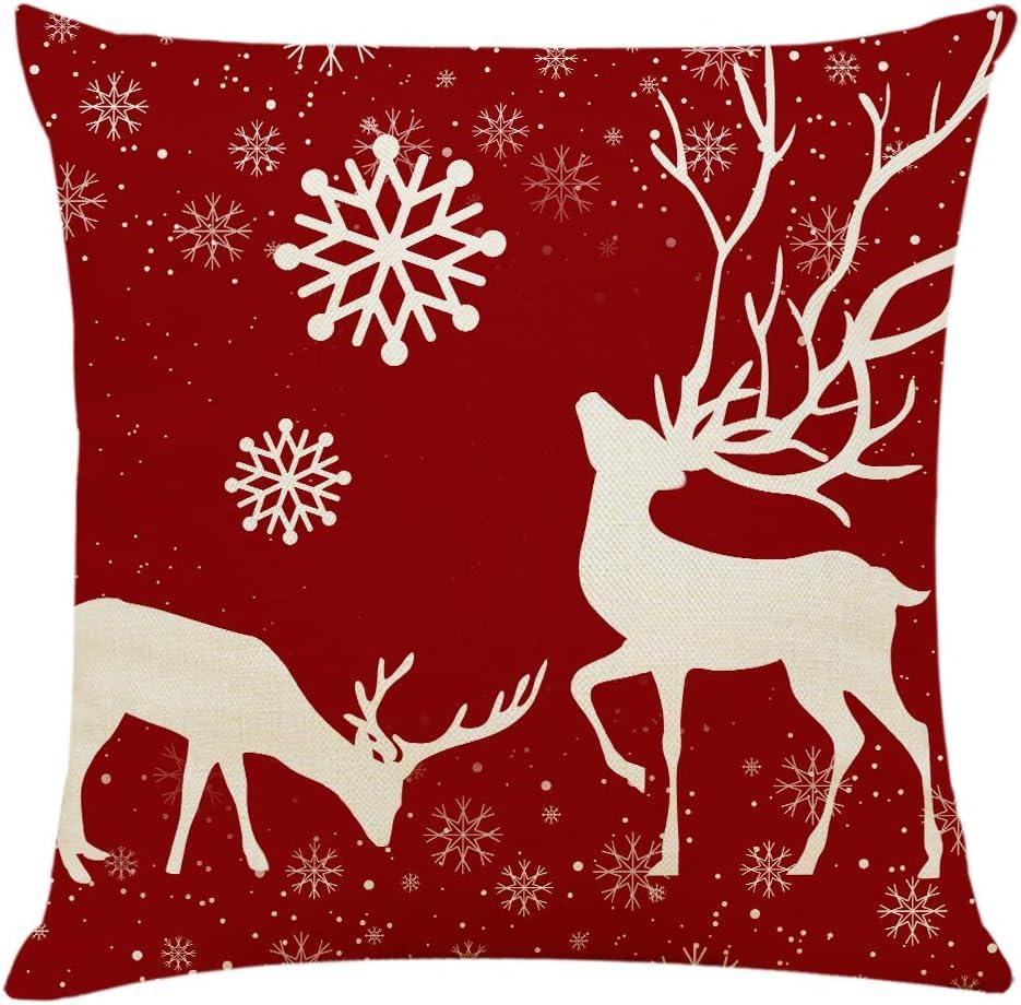 Bibana 4PCS 18"x18" Throw Pillow Covers Christmas Decorative Couch Pillow Cases Cotton Linen Pillow Square Cushion Cover for Sofa, Couch, Bed (Red and Beige)