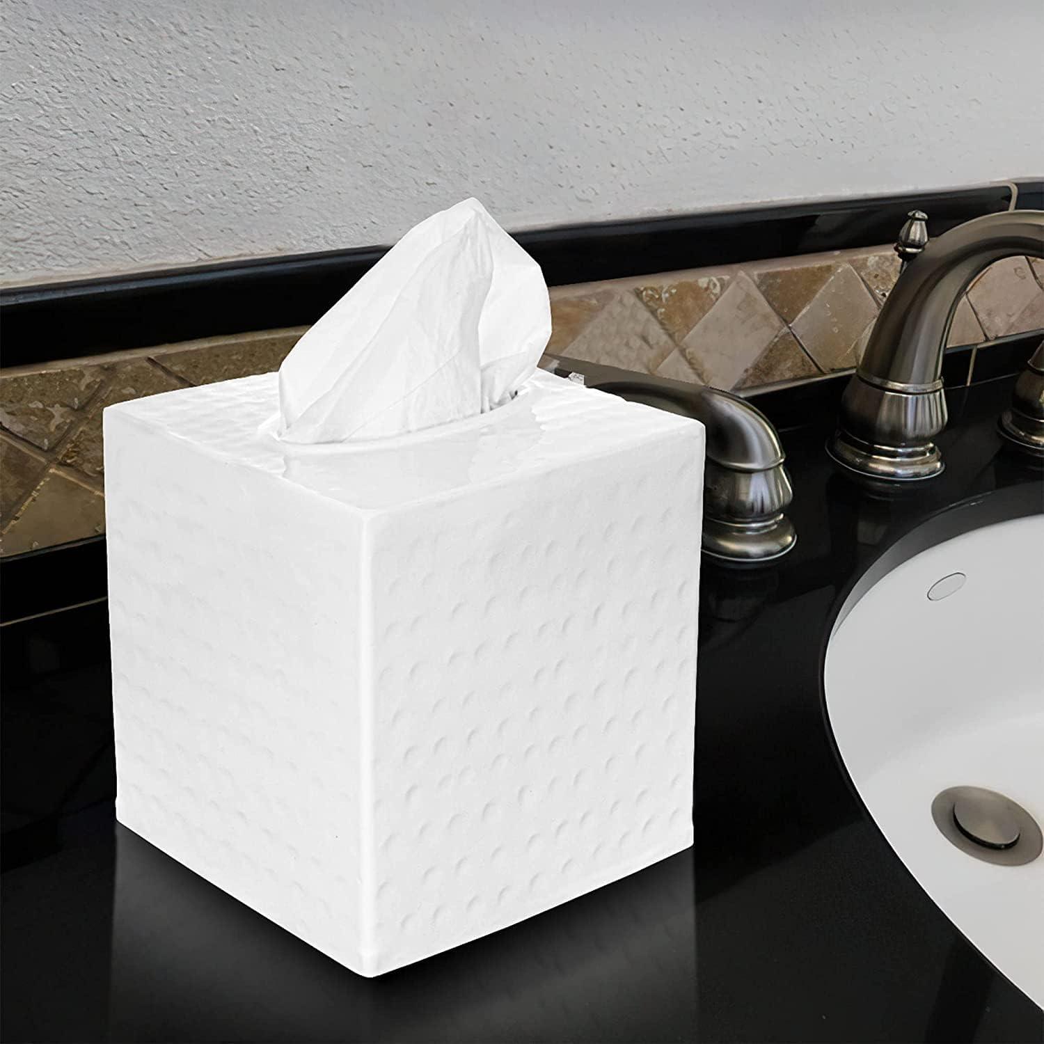 White Hand Hammered Metal Square Tissue Box Cover