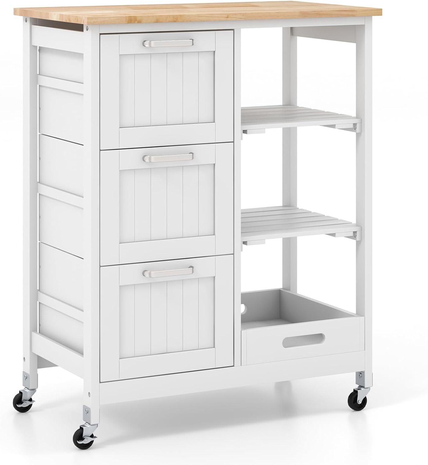 Kitchen Storage Island Cart on Wheels, Kitchen Rolling Trolley Cart with 3 Drawers and Shelves, 360° Wheels & Detachable Tray, Kitchen Island for Dining Room, Living Room & Bedroom