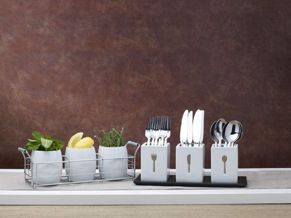 White Ceramic Flatware Caddy Set with Black Wood Tray