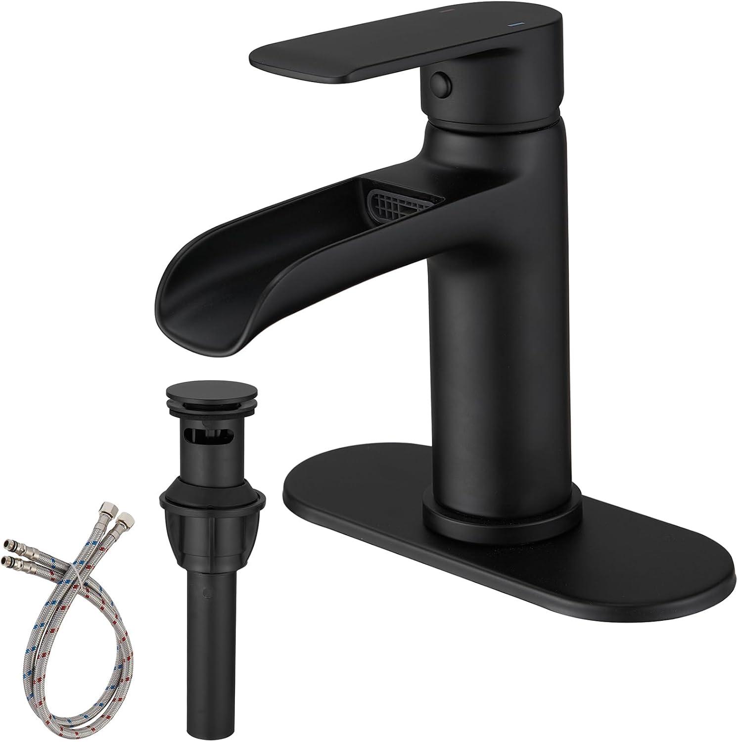 BWE Waterfall Single Handle Single Hole Modern Bathroom Faucet Bathroom Sink Faucet in Matte Black