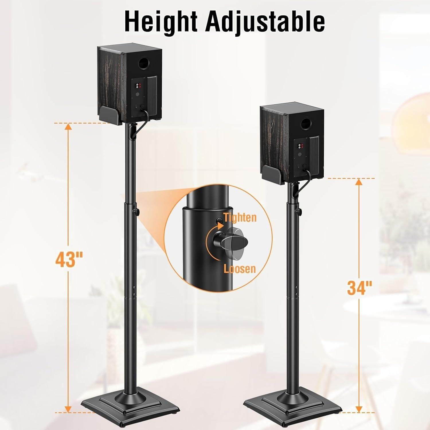 PERLESMITH Universal Speaker Stands Height Adjustable Extend 30.7 to 42.5 Holds Satellite Speakers & Bookshelf Speakers up to 11lbs-1 Pair PSSS2 Black