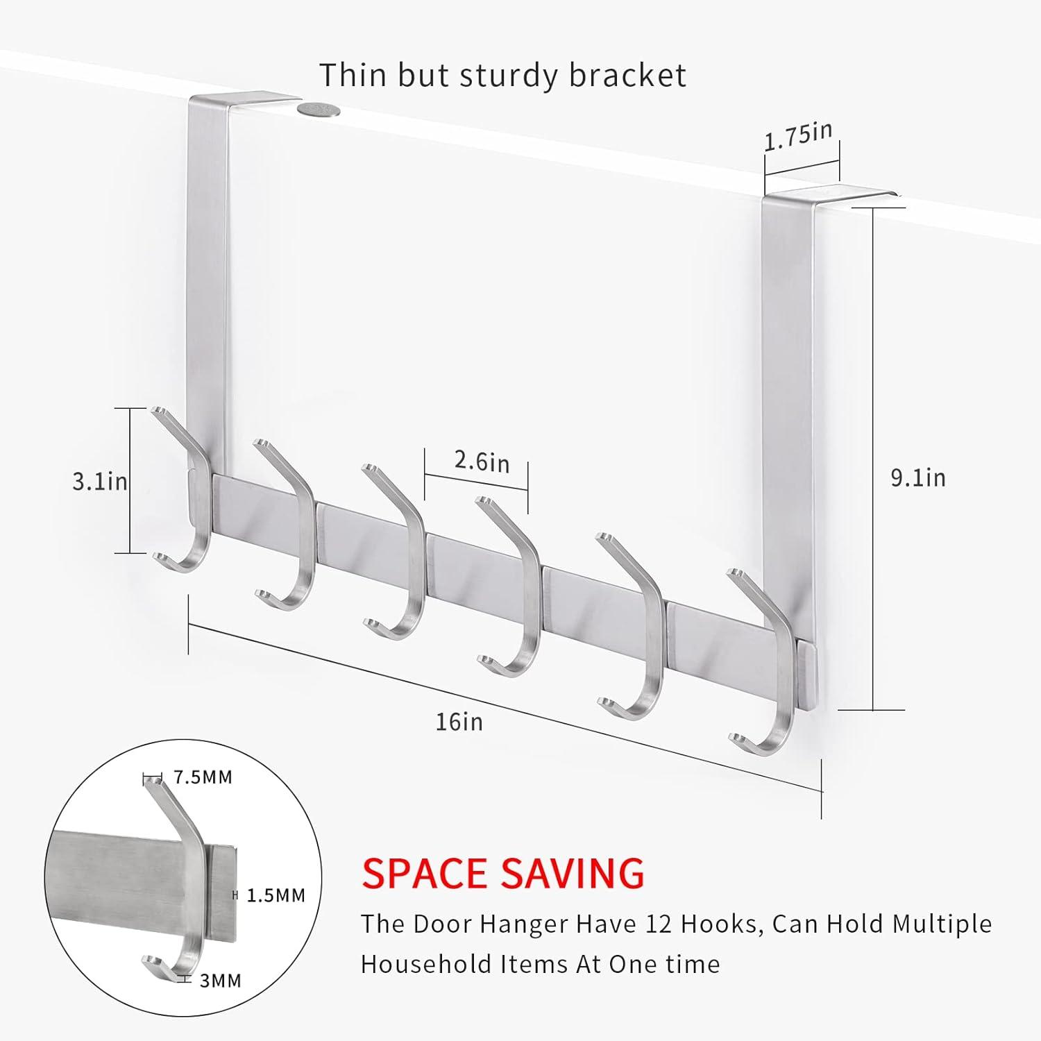 Brushed Stainless Steel Over Door Hook Rack with 12 Hooks