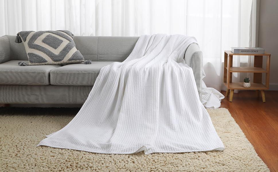 Shunjie.Home 100% Cotton Waffle Bed Blanket Queen Size, Throw Blanket for Couch All Seasons (White, 90x90)