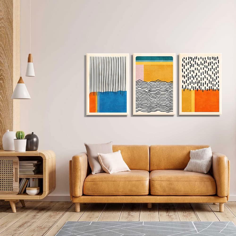 Midcentury Modern Framed Wall Art for Living Room Set of 3 Mid Century Modern Abstract Canvas Painting Print Boho Color Blocks Home Decor Colorful Minimalist Pictures for Bedroom 12"x16"x3