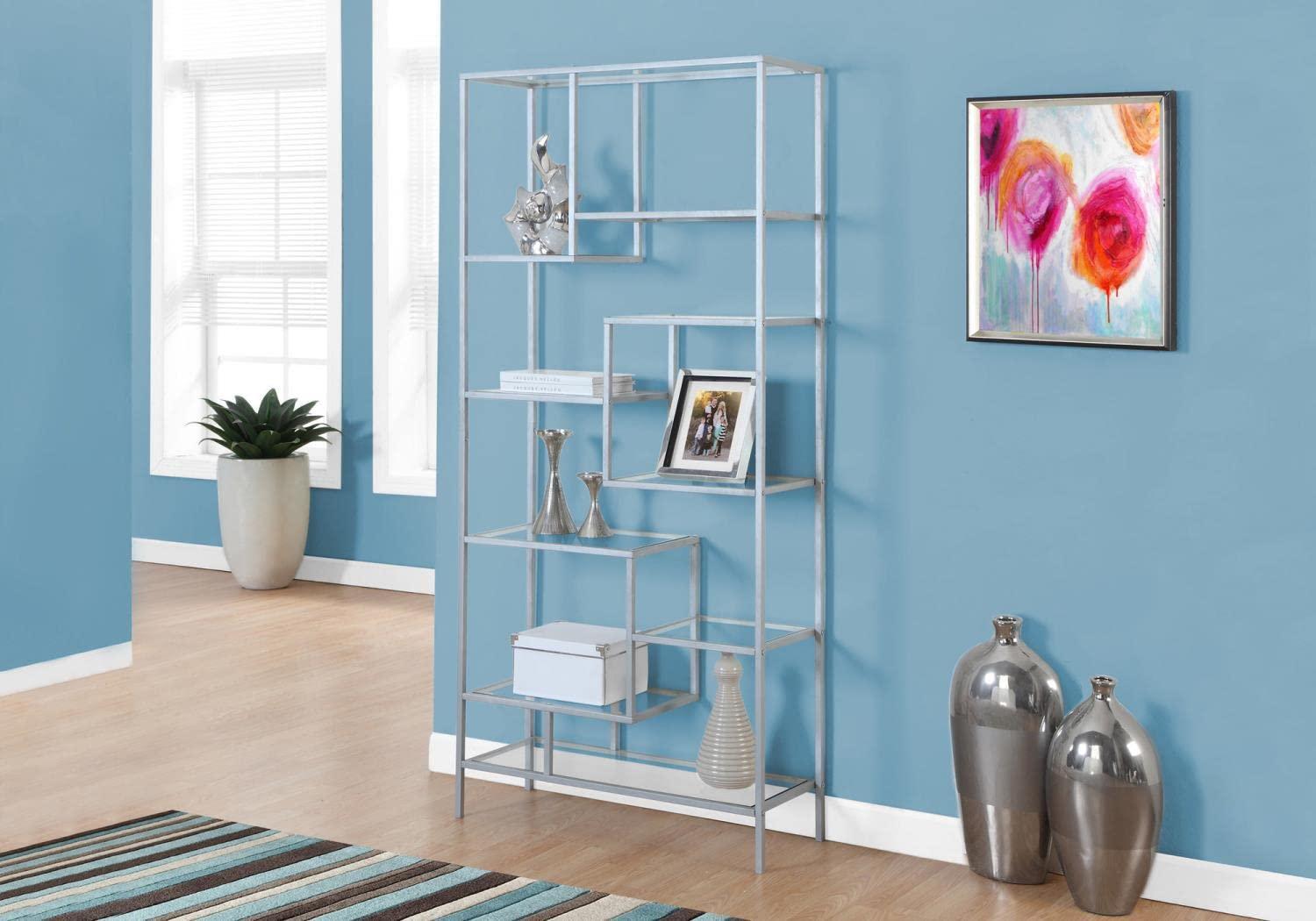 Monarch Specialties Bookshelf Bookcase Etagere 72InchH Office Bedroom Metal Tempered Glass Grey Clear Contemporary Modern