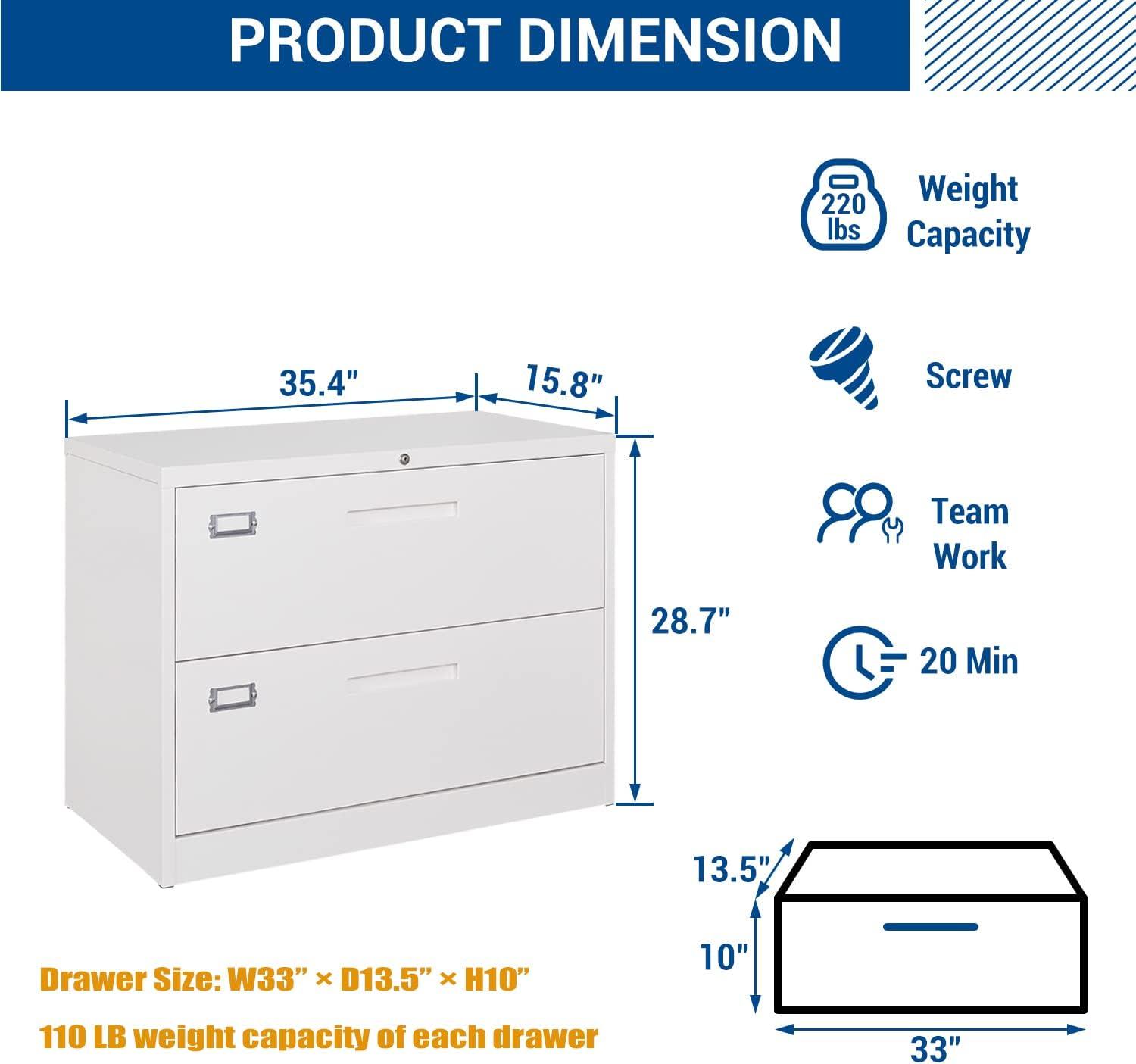 2 Drawer Lateral File Cabinet with Lock Metal Filing Cabinet Steel Wide File Cabinets with Anti-tilt Mechanism for Home Office/Legal/Letter/A4/F4 Size Hanging Files Assembly Required White