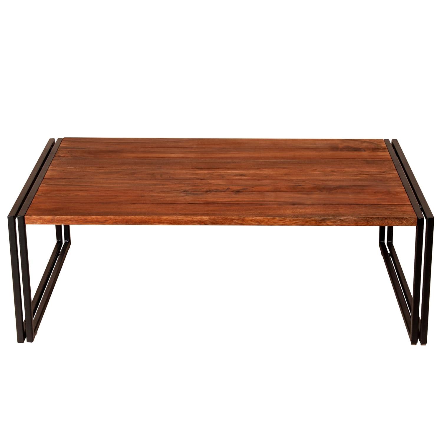 48 Inch Wooden Coffee Table with Double Metal Sled Base Brown and Black - Saltoro Sherpi