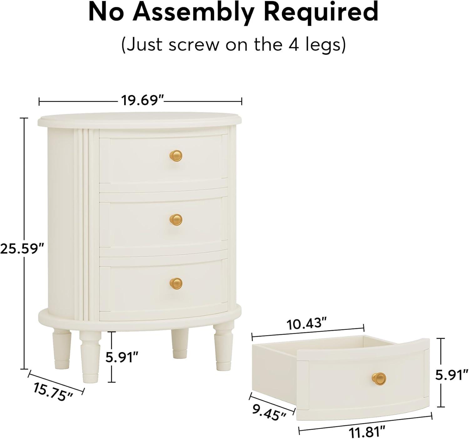 Nightstand with 3 Drawers, No Assembly White