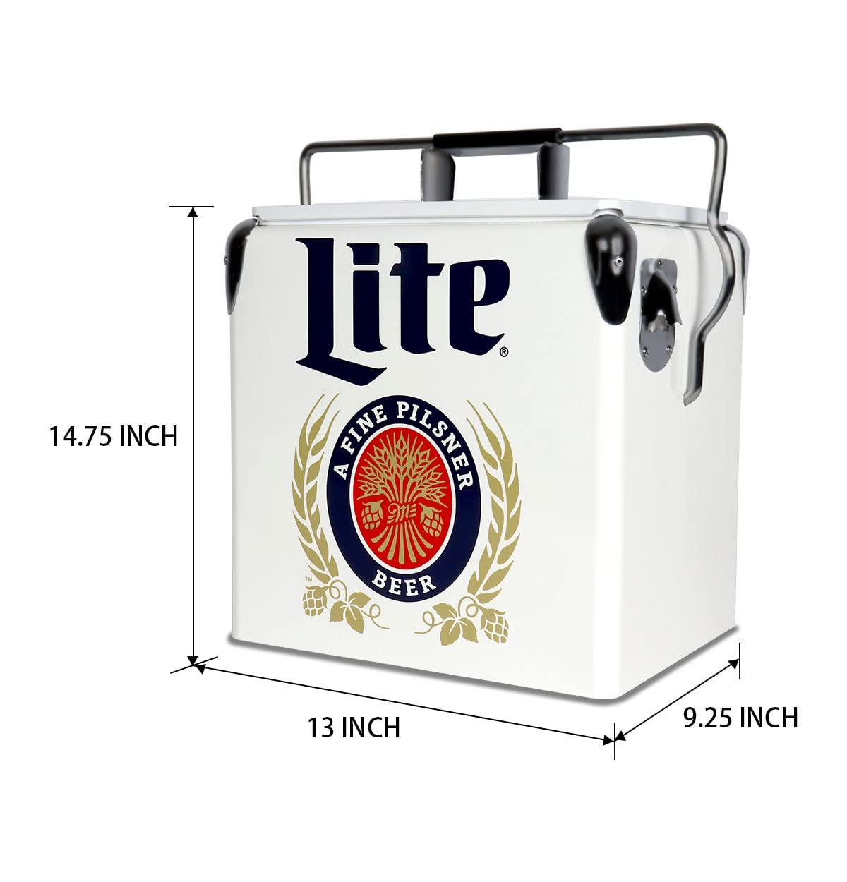 Miller Lite Retro Ice Chest Cooler with Bottle Opener 13L (14 qt), White and Blue