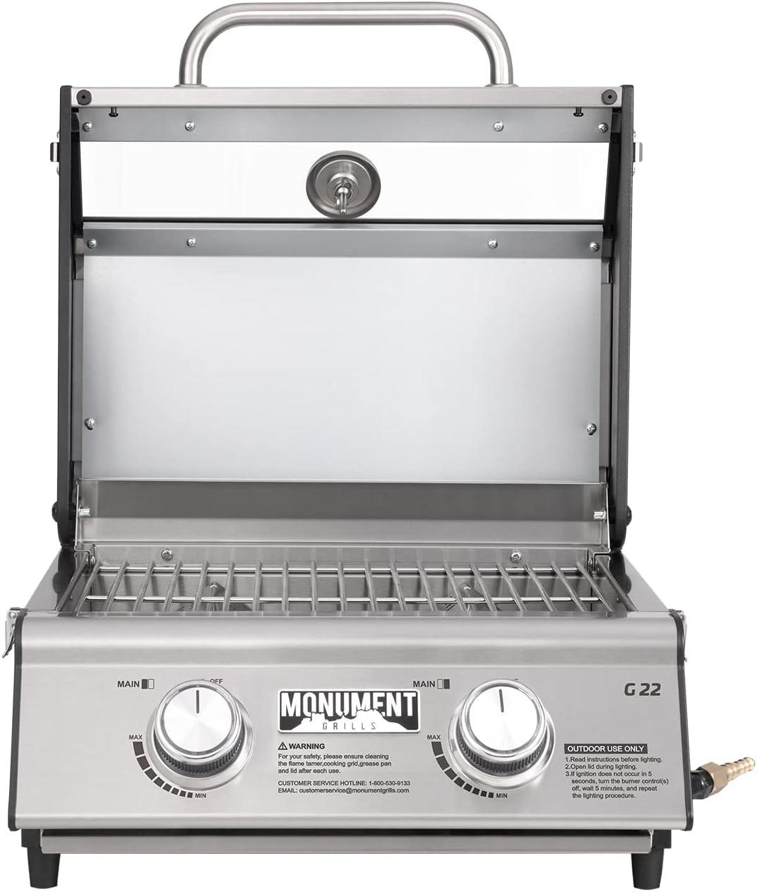 Monument Grills 13742,2-Burner Portable Stainless Steel Tabletop Propane Gas Grill with High Lid and Travel Locks, 15,000 BTU – Perfect for Family BBQs