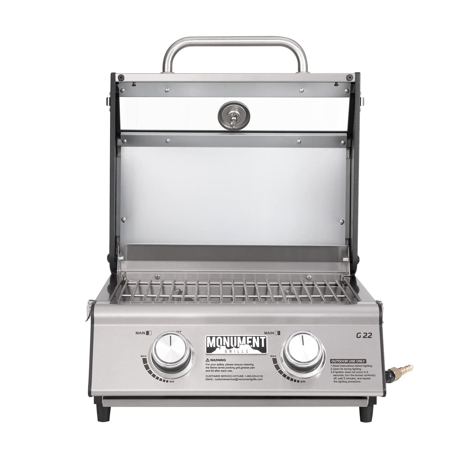Monument Grills 13742,2-Burner Portable Stainless Steel Tabletop Propane Gas Grill with High Lid and Travel Locks, 15,000 BTU – Perfect for Family BBQs