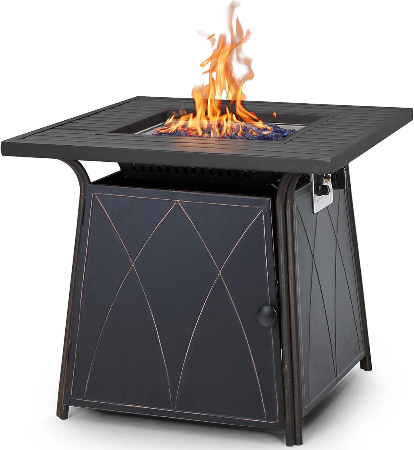 Gas Fire Pit Table, 28 Inch 50,000BTU Progane Fire Pits Table with Blue Fire Glass and Lid, Black Black