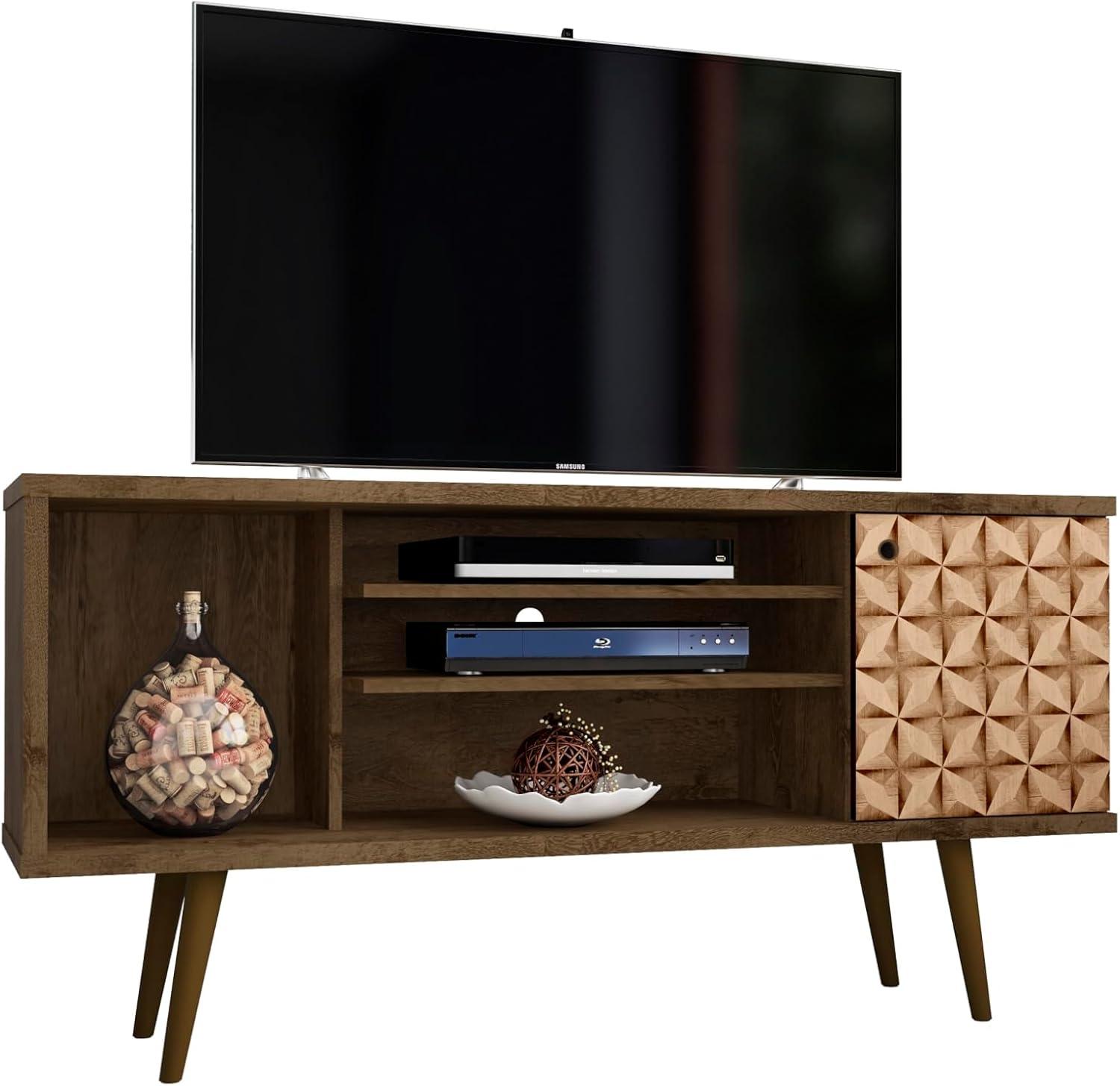 Liberty 53.14" Mid-Century Modern TV Stand with 5 Shelves and 1 Door  with Solid Wood Legs